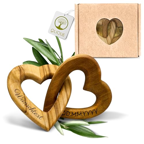 OLIQUE Holzherzen personalisiert, Olivenholz - Verbundene Holz Herzen mit Gravur als individuelles Geschenk zur Hochzeit, Hochzeitstag oder Verlobung (6 cm) von OLIQUE