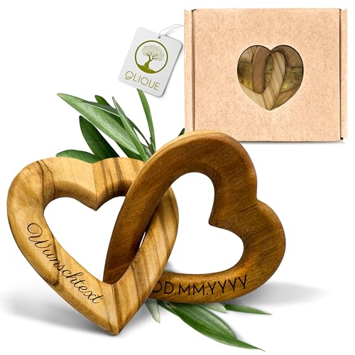 OLIQUE Holzherzen personalisiert, Olivenholz - Verbundene Holz Herzen mit Gravur als individuelles Geschenk zur Hochzeit, Hochzeitstag oder Verlobung (8 cm) von OLIQUE