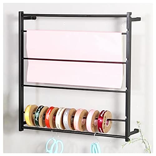 OLSDXAWQ, Wandmontierter Band-Organizer-Halter, Geschenkpapier-Präsentationsständer aus Metall mit zusätzlichen Haken, Schalregal, Kuchen-/Blumen-/Geschenkladen,Supermarktregale(Black) von OLSDXAWQ