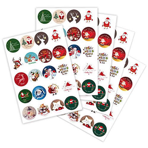 100 Weihnachtsaufkleber Weihnachtssticker XMAS mit verschiedenen Motiven rund Ø 30 mm, auf DIN A5 Bogen (5 x 20 Aufkleber), Haftpapier glänzend, Weihnachtetiketten von OLShop AG