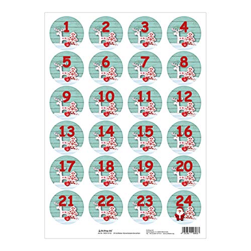 5er Pack Aufkleber Adventskalenderzahlen Rentier 1-24 auf Bogen rund, Ø 40 mm (5 x 24 Zahlen) von OLShop AG