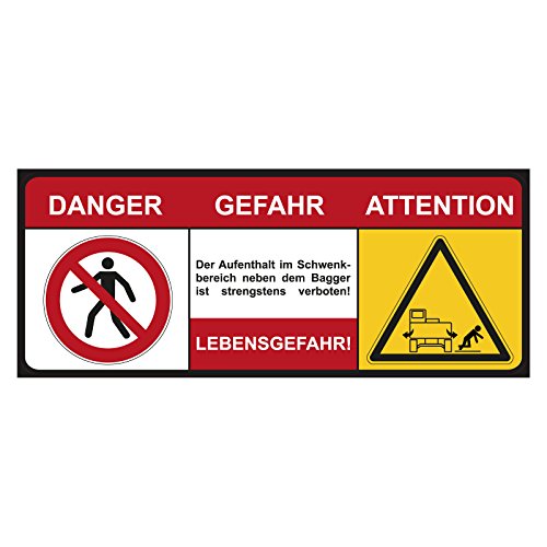 Bagger-Schild Danger Gefahr Attention Lebensgefahr 500 x 200 mm Warnschild Schwenkbereich Bagger von OLShop AG
