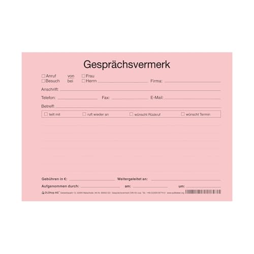 Gesprächsnotizen Gesprächsvermerk DIN A5 rosa Block mit 100 Blatt Telefonnotizen von OLShop AG