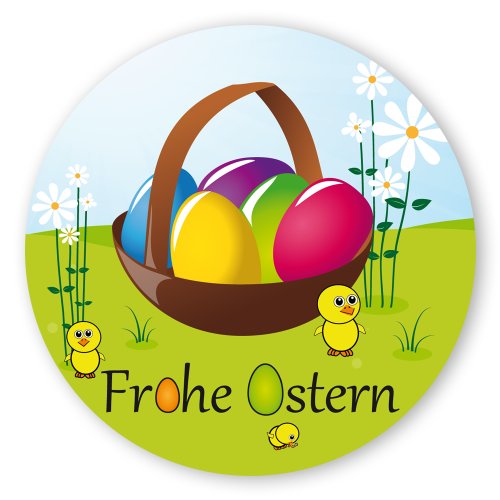 Oster-Aufkleber Ostern-Sticker rund Ø 30mm selbstklebende PE-Folie, 100 Stück auf Rolle Frohe Ostern mit Osterkorb von OLShop AG