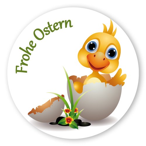 Oster-Aufkleber Ostern-Sticker rund Ø 30mm selbstklebende PE-Folie, 100 Stück auf Rolle Frohe Ostern mit Küken von OLShop AG