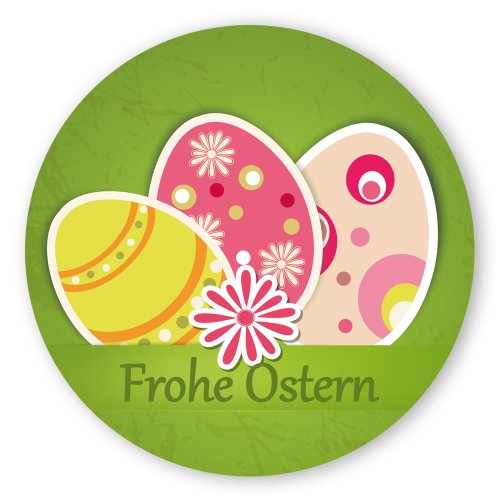 Oster-Aufkleber Ostern-Sticker rund Ø 30mm selbstklebende PE-Folie, 100 Stück auf Rolle Frohe Ostern mit Ostereier von OLShop AG