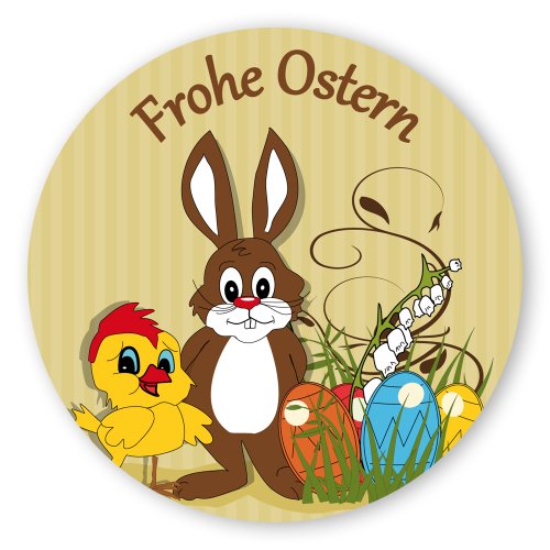 Oster-Aufkleber Ostern-Sticker rund Ø 30mm selbstklebende PE-Folie, 100 Stück auf Rolle Frohe Ostern mit Osterhase und Küken von OLShop AG