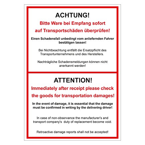 Verpackungskennzeichen Achtung! Bitte Ware bei Empfang sofort überprüfen zweisprachig 500 St. 105 x 148 mm Haftpapier Paketaufkleber Versandaufkleber Etiketten Verpackungskennzeichen Achtung! Bitte Ware bei Empfang sofort überprüfen zweisprachig 500 St. 105 x 148 mm Haftpapier Paketaufkleber Versandaufkleber Etiketten von OLShop AG