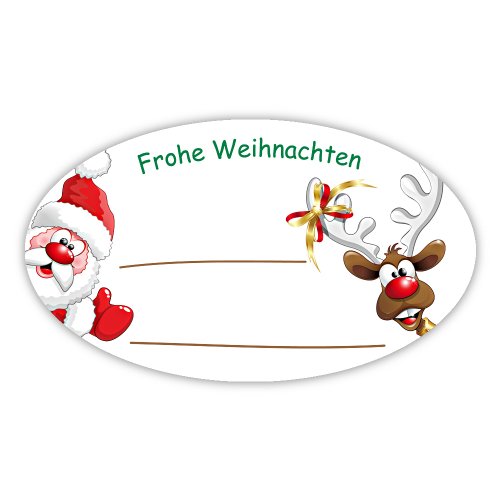 Weihnachtsaufkleber Weihnachtssticker Frohe Weihnachten - Weihnachtsmann mit Rentier oval 60 x 35 mm, 100 Stück auf Rolle, Haftpapier glänzend von OLShop AG