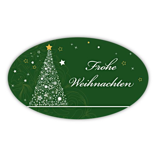Weihnachtsaufkleber Weihnachtssticker Frohe Weihnachten mit Tannenbaum oval 60 x 35 mm, 100 Stück auf Rolle, Haftpapier glänzend von OLShop AG