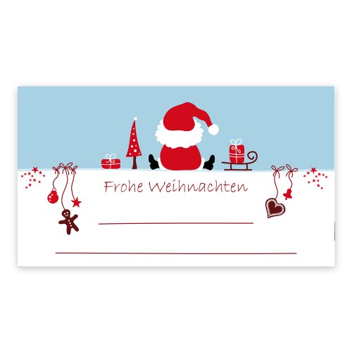 Weihnachtsaufkleber Weihnachtssticker Frohe Weihnachten sitzender Weihnachtsmann zum Beschriften Größe (B x H) 74 x 42 mm, 100 Stück auf Rolle, Haftpapier glänzend von OLShop AG