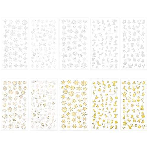 OLYCRAFT 10 Blatt 10 Stile Weihnachtliche Schneeflocken-Aufkleber 3D Nagelaufkleber Schneeflocke Rentier Selbstklebende Aufkleber Golden Silber Aufkleber Heißprägung Abziehbilder Für DIY Scrapbooking von OLYCRAFT
