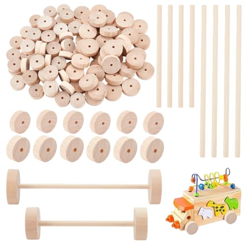 OLYCRAFT 100 Stück 28mm 35mm Holz Bastelräder Mit 100 Stück Holzstäbchen Holzräder Mit 5mm Loch Unfertiges Holzrad Runde Holzräder Für DIY Modellautos Reifenersatz Holzbastelbedarf von OLYCRAFT