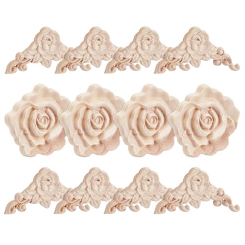 OLYCRAFT 12 Stück 2 Stile Holz Onlay Applikationen Mit Rosenschnitzereien Holz Onlays Unbemalte Rosenblumen Eck Onlays Geschnitzte Detail Formaufkleber Für Schrank Wand Kommode Dekoration von OLYCRAFT