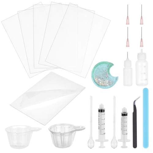 OLYCRAFT 12 Teiliges Kunststoff Versiegelungs Und Schutzfolien Set 9x13cm Kunstharz Shaker Folien Set Mit Klebstoff Spritzen Und Kunststoff Nadeln Flaschenlöffel Für Treibsand Anhänger von OLYCRAFT