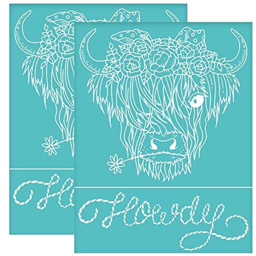 OLYCRAFT 2 Stück 28x22 cm Selbstklebende Siebdruckschablone Für Rinder Hochlandrinder Mit Blume Siebdruckschablone Kuhkopf Wiederverwendbar Mesh Schablonen Für DIY T Shirt Stoff Malerei von OLYCRAFT