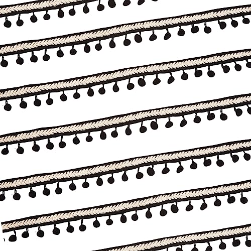 OLYCRAFT 2 Stück 5 m Polyester Pom Pom Spitzenborte 19 mm Breit Schwarz Weiß Bestickt Pompom Fransenband Polyester Spitzenband Ball Fransen Quaste Fransenbesatz Für DIY Nähen Handwerk Kleidung Dekor von OLYCRAFT