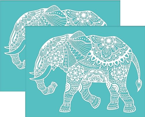 OLYCRAFT 2 Stück Elefant Mandala Muster Selbstklebende Siebdruck Schablonen Wiederverwendbare Mesh Schablonen Transfer Waschbare Heimdekoration für DIY T Shirt Stoff Malerei - 28x22cm von OLYCRAFT
