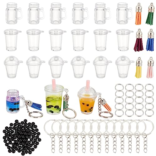 OLYCRAFT 218 Stück Mini Cup Keychain Kit Bubble Tea Schlüsselbund Zubehör Set NO-Glue Bubble Tea Schlüsselanhänger Set Mini-Cup-Anhänger mit Schlüsselanhänger Ringe für Schlüsselanhänger machen von OLYCRAFT