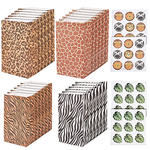 OLYCRAFT 24 Stück Tierhautdruck Papiertüten Mit 36 Aufklebern Dschungel Safari Tierdruck Leckerli Taschen Zebra Giraffe Leopard Drucktüten Für Safari Thema Geburtstagsfeier Geschenk - 4 Stile von OLYCRAFT
