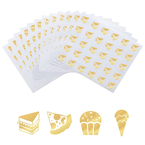OLYCRAFT 2400 Stück 4 Stile Goldene Essensaufkleber 1.2 cm Lebensmittelauswahl Aufkleber Kuchen/Cupcake/Pizza/EIS Hochzeits Indikator Aufkleber Küchenaufkleber Für Tischkarten Partyzubehör von OLYCRAFT