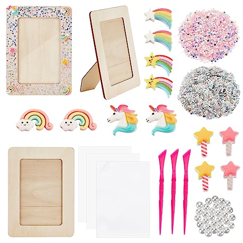 OLYCRAFT 3 Sätze Holz Fotorahmen Bastelset Einhörner Thema - Unvollendeter Bilderrahmen Wolken Regenbogen Blockrahmen Herstellungsset Harzzubehör Für Bastelarbeiten - 19x14cm von OLYCRAFT