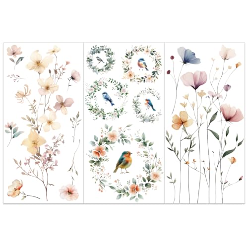 OLYCRAFT 3 Stück/Set Blumen Abziehbilder Zum Aufreiben Für Möbel Und Kunsthandwerk 15x30cm Vogelkranz Möbelaufkleber Blumen Pflanzen Transferaufkleber Abziehbilder Zum Aufreiben von OLYCRAFT