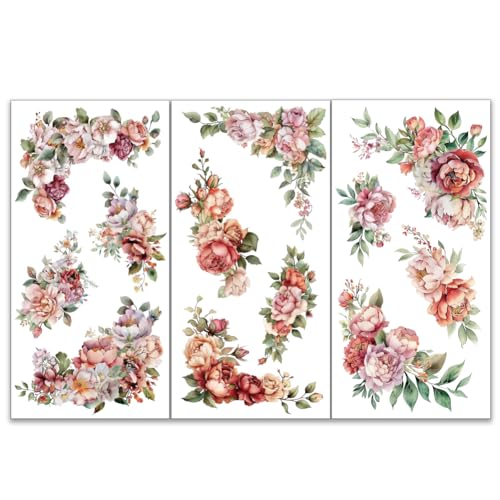 OLYCRAFT 3 Stück/Set Eckblumen Abziehbilder Zum Aufreiben Für Möbel Und Kunsthandwerk 15x30cm Rosen Pfingstrosen Dekor Transferaufkleber Florale Abziehbilder Zum Aufreiben Für Holzmöbel von OLYCRAFT