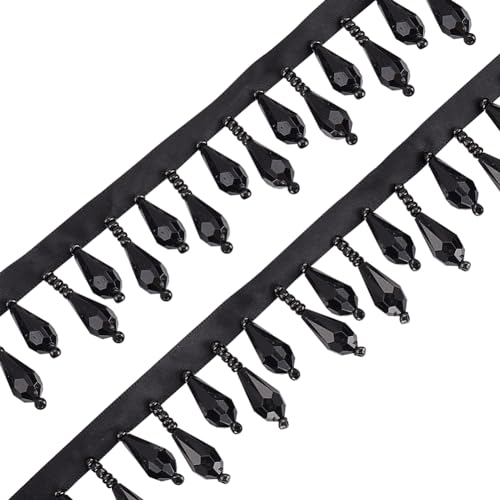 OLYCRAFT 2.7m Schwarzer Perlen Fransenbesatz Dekorativer Perlen Tropfenförmige Quastenband Polyester Perlen Quastenbesatz Für Hochzeit Braut DIY Nähen Heimdekoration - 30~42mm breit von OLYCRAFT