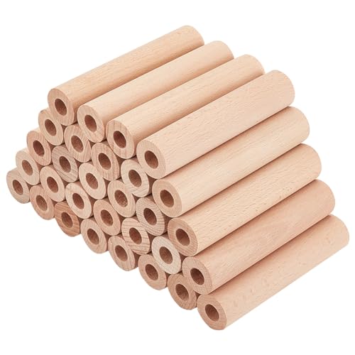 OLYCRAFT 30 Stück 10,2 x 2,3 cm hohle Holzstäbe, runde Holzdübelstange mit 1,1 cm Loch, unlackierte Buchenholzstäbe, Naturholz, runde Stangen für Bastelarbeiten, Kunstprojekte von OLYCRAFT