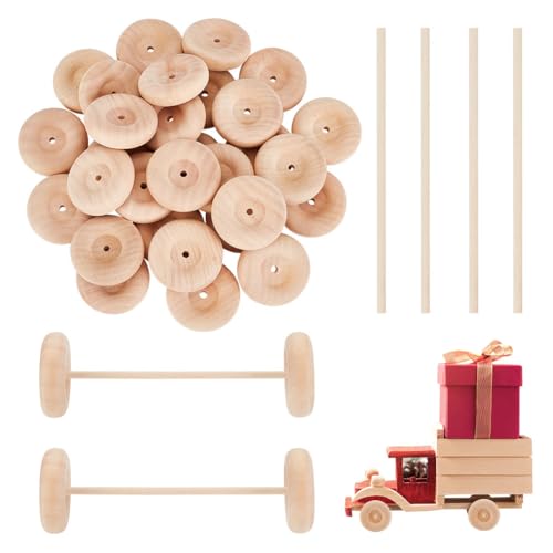 OLYCRAFT 30 Stück 50x16mm Holz-Bastelräder mit 15 Stück 15cm Holzstäbchen - Premium Holzräder für Heimwerker & Modellautos von OLYCRAFT