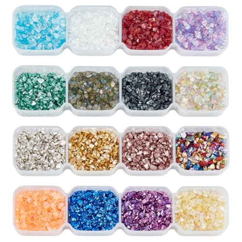 OLYCRAFT 144g Glaschips 16 Farben Crushed Glass Glitter Ungebohrte Glasperlen Für Nail Art Crafts Resin DIY Handyhülle Vase Füllstoffe Schmuck Making Home Decoration von OLYCRAFT