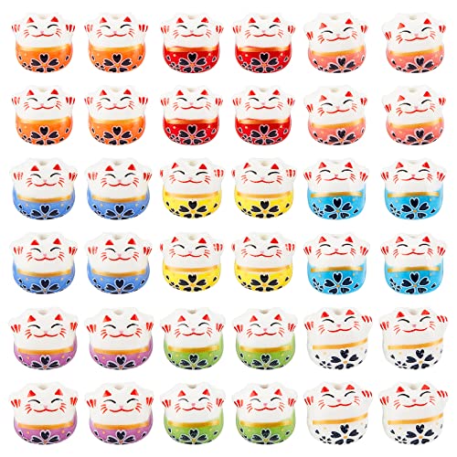 OLYCRAFT 36 Stück Glückskatze Porzellanperle Maneki Neko Zwischenperlen Glückskatze Lose Perlen Charms Für Die Schmuckherstellung Halskette Armband Ohrringe Zubehör – Loch 2mm von OLYCRAFT