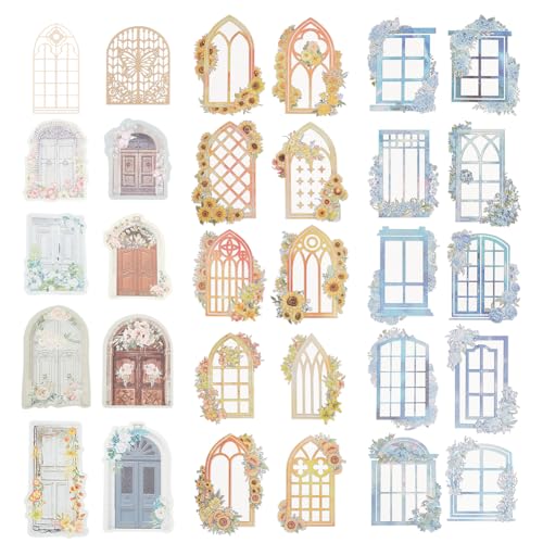 OLYCRAFT 50 Stück PET Dekorative Aufkleber Fensterrahmen Aufkleber Gartentür Blume Fensteraufkleber Transparente Scrapbooking Dekorative Aufkleber Für Journal Album DIY Kunsthandwerk von OLYCRAFT