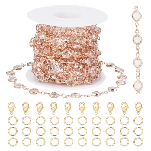 OLYCRAFT 5 m Lange Schmuckkettenglieder Aus Klarem Kristall Strass Mit Vergoldeter Messingkette Lose Klare Glasketten Mit Flachen Runden Gliedern Messingbeschichtete Handgefertigte Ketten von OLYCRAFT