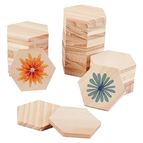 OLYCRAFT 50 Stück Unlackierte Holzstücke Sechseckige Holzscheiben Natürliches Holz Ausschnitte für Heimwerker Zeichnen Malen Holzgravur - 5.8x5x0.6 cm von OLYCRAFT