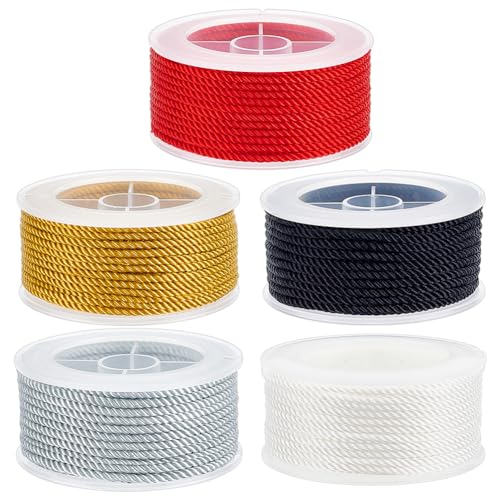 OLYCRAFT 50m 1.5mm Gedrehte Nylonschnur 3-Lagig Satin-Nylon-Trimmschnur Makramee-Faden Schnur Geflochtene Perlenschnur Chinesische Knotenschnur Für DIY-Handwerk Armband Schmuckherstellung – 5Farben von OLYCRAFT