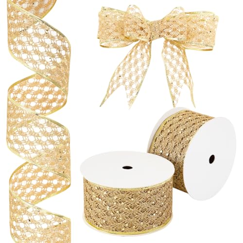 OLYCRAFT 54.9m/4 Rolls Gold Glitter Ribbon Glitter Mesh Ribbon 63mm Glitter Diamond Wire Edge Ribbon Wired Ribbon with Sparkle for Christmas Decoration Bow Making DIY Gift Wrapping von OLYCRAFT
