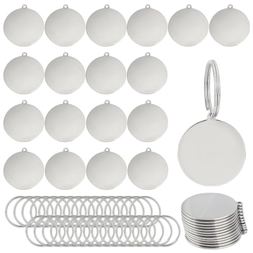 OLYCRAFT 55 Stück Runde Metallgravurrohlinge 30mm Edelstahl Stanzrohlinge Mit Schlüsselringen Runde Blanko Anhänger Metallanhänger Mit Löchern Stanzanhänger Anhänger Für Heimwerker Basteln von OLYCRAFT