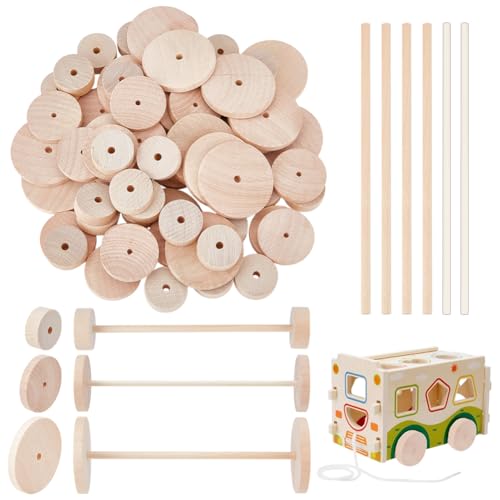 OLYCRAFT 66 Stück Holz Bastelräder 33 Stück Holzstäbe 28mm /38mm /50mm Naturholzräder Unbehandeltes Holzrad Flache Runde Räder Stab Set Für DIY Modellautos Reifenersatz Bastelbedarf von OLYCRAFT