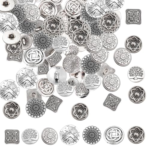 OLYCRAFT 70 Stück Lochlegierungsknöpfe Antik Silber Blume Baum Metallknopf Vintage Muster Dekorative Knöpfe Zum Nähen von OLYCRAFT