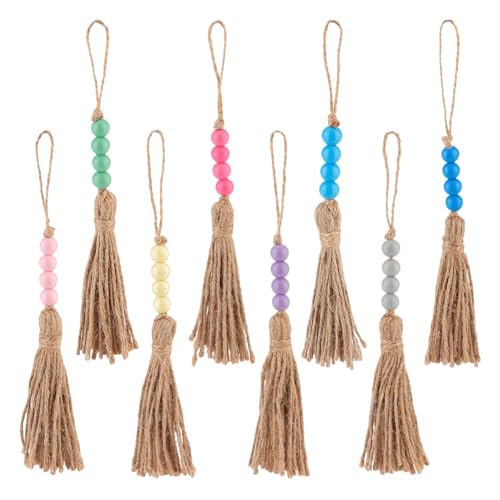 OLYCRAFT 8 Stück 22cm Große Holzperlen Girlande Mit Quasten 8 Farben Jutekordel Quaste Hängende Ornamente Rustikale Landhausdekoration Gebetsperlen Bunte Quaste Bauernhaus Perlen Für Zuhause Dekor von OLYCRAFT