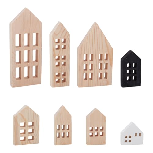 OLYCRAFT 8 Stück Holzblöcke aus natürlichem Kiefernholz, Hausform, Dekorblock, Holz-Coutoutoutouts, verschiedene Größen, unlackierte Holzdekoration für Zuhause, Bücherregal, Küche, Café, Bar von OLYCRAFT