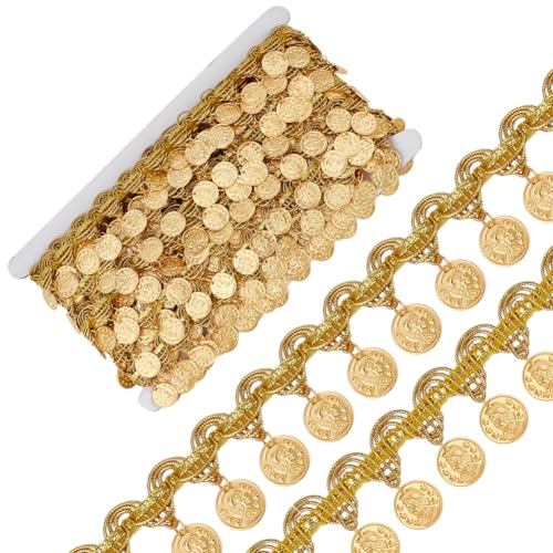 OLYCRAFT 9,1 m Goldfarbene Pailletten-Quasten-Bordüre, 3,6 cm Breite, Pailletten, Spitzenquaste, Fransenbesatz, Pailletten, Quasten, Spitzenband, Fransen, Tanzkleid, Gürtelkette für Kleidung von OLYCRAFT