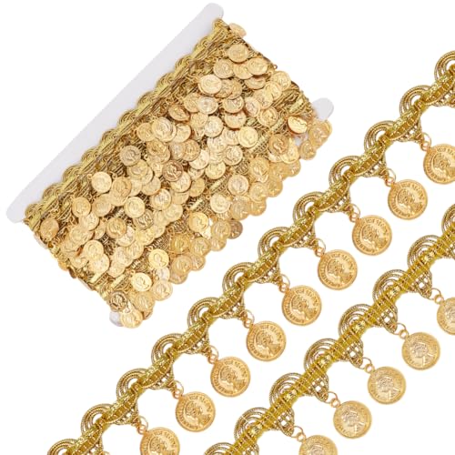 OLYCRAFT 9,1 m lange Goldmünzform, Pailletten-Quaste, 3,6 cm breit, Pailletten-Quasten, Spitzenband, Fransen-Pailletten, Spitzenquaste, Fransenbesatz, Tanzkleid, Gürtelkette für Kleidung, Dekoration von OLYCRAFT