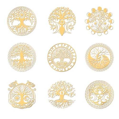 OLYCRAFT 9 Stück 4x4cm Baum Des Lebens Metallaufkleber Keltisch Selbstklebende Goldene Aufkleber Religion Yoga Metallgoldaufkleber Für Sammelalben DIY Harz Handwerk Telefon Wasserflasche Dekor von OLYCRAFT