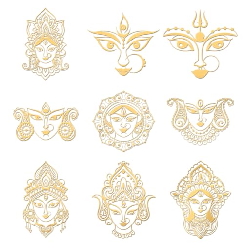 OLYCRAFT 9 Stück 4x4cm Goldene Metallaufkleber Durga Gesichtsaufkleber Selbstklebende Indien Themenaufkleber Mandala Goldene Epoxidaufkleber Für DIY Sammelalben Epoxidharz Wasserflaschendekor von OLYCRAFT