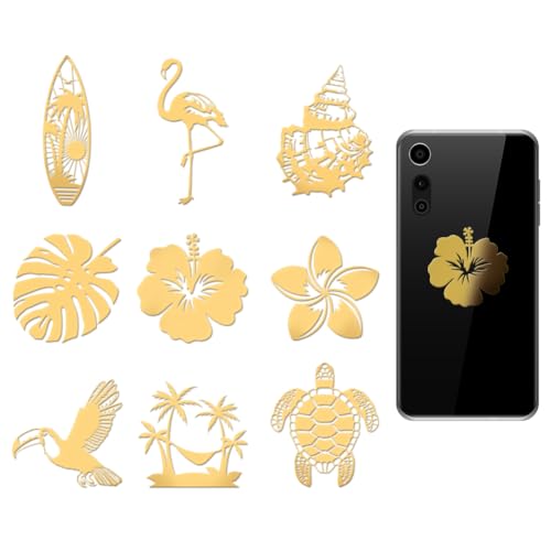 OLYCRAFT 9 Stück 4x4cm Goldene Metallaufkleber Hawaii Metallaufkleber Selbstklebende Aufkleber Flamingos Meeresschildkröten Epoxidaufkleber Metallaufkleber Für DIY Scrapbooks Epoxidharz Dekoration von OLYCRAFT