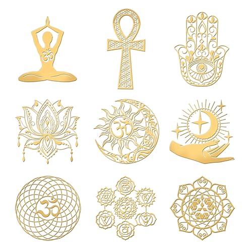 OLYCRAFT 9 Stück 4x4cm Heilige Geometrie Aufkleber Mandala Selbstklebende Goldaufkleber Yoga Mond Stern Metall Goldaufkleber Für Sammelalben DIY Harz Handwerk Telefon Wasserflasche Dekor von OLYCRAFT