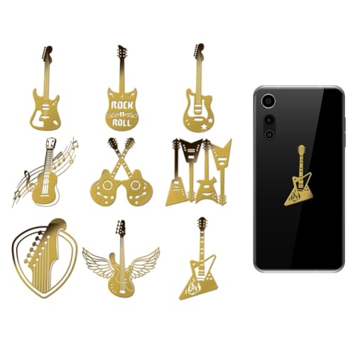 OLYCRAFT 9 Stück 4x4cm Metallaufkleber Mit Gitarrenmuster Rock And Roll Selbstklebende Goldene Aufkleber Musikthema Metall Goldaufkleber Für Sammelalben DIY Harzhandwerk Telefondekor von OLYCRAFT
